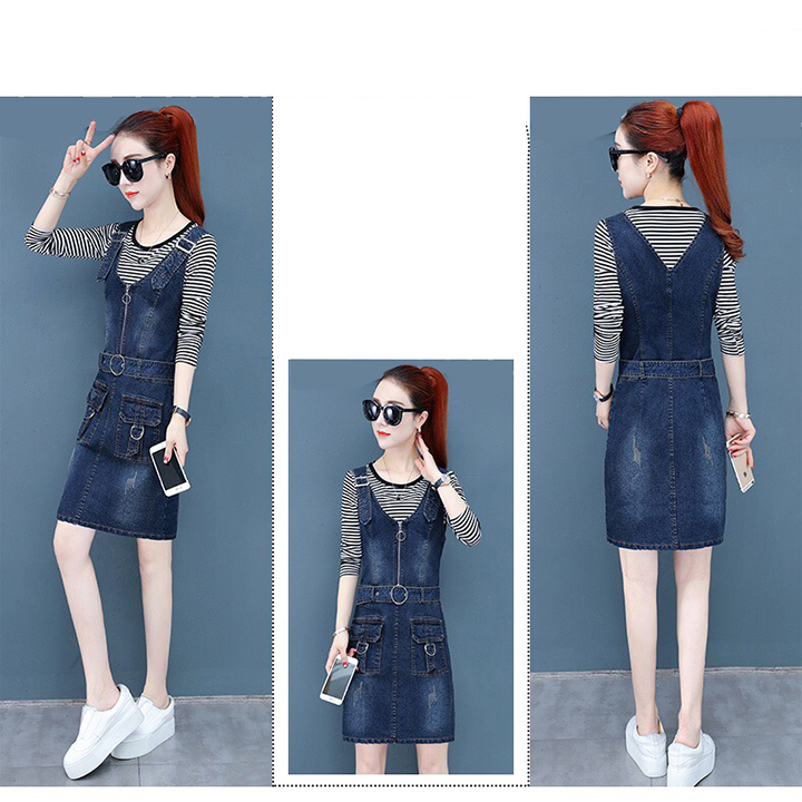 ĐẦM YẾM JEAN CỔ V KHÓA KÉO THẮT ĐAI EO